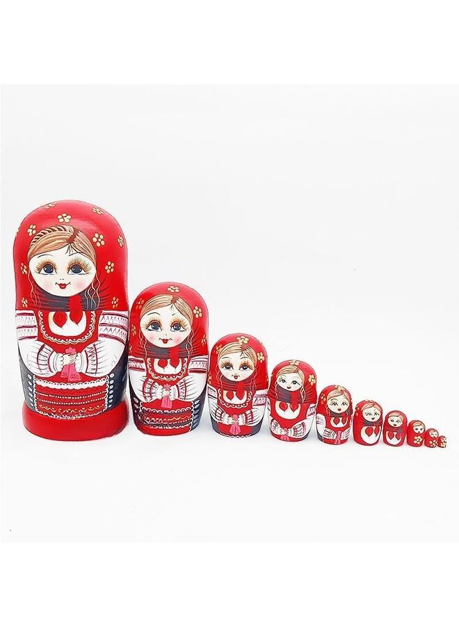 مجموعة دمى التعشيش الروسية الخشبية ماتريوشكا المكونة من 10 قطع مصنوعة يدويًا للأطفال والكبار وعيد الفصح وعيد الأم وأعياد الميلاد والكريسماس وعيد ال وديكور غرفة المنزل هدية (أحمر) - Image 5